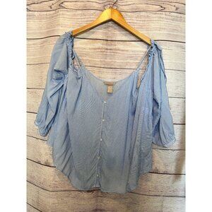 H&M Plus 22 Boho Cold Shoulder Blouse Blue White Stripe Flowy Summer Top NWOT